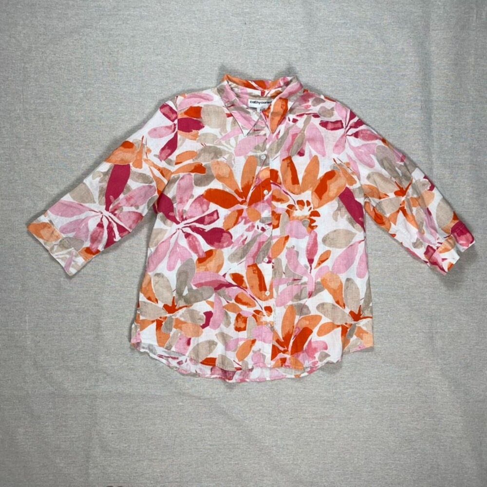 Cathy Daniels | Botanical Linen Blend Button Down 3/4 Sleeve Top | Large